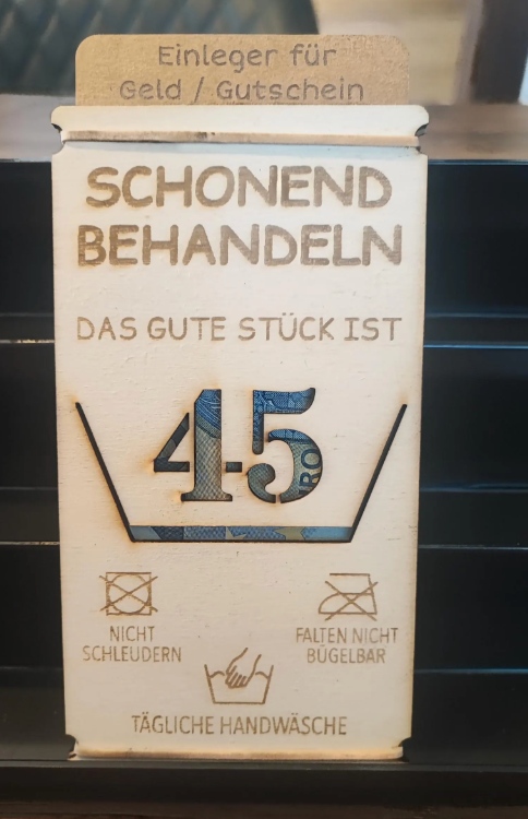 Geldgeschenk Karte aus Holz "Schonend behandeln..."  - Geldkarte, Geburtstagskarte | Schollys