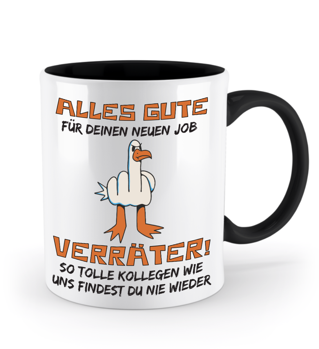 Tasse zum Jobwechsel – Frecher Spruch: „Viel Glück im neuen Job, du Verräter“ (Möwe)