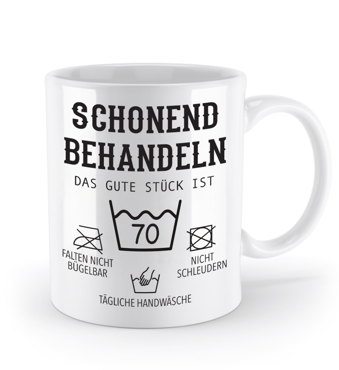 Geburtstagstasse mit Spruch – „Schonend behandeln, das gute Stück ist [Alter]“